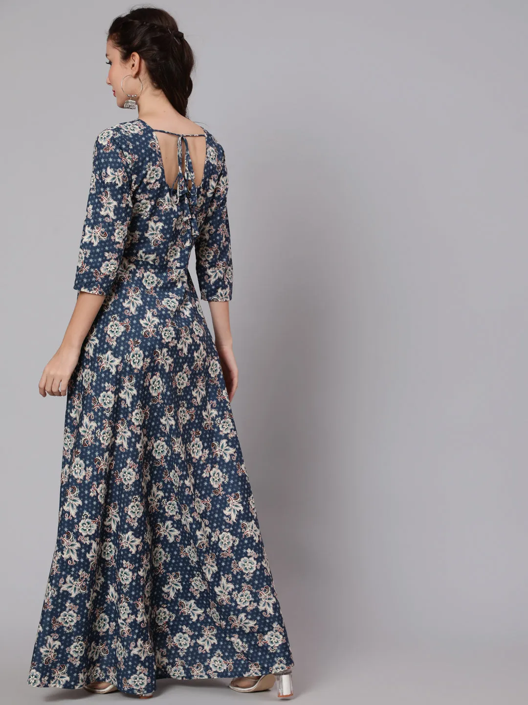 Women Blue Floral Printed Flared Dress