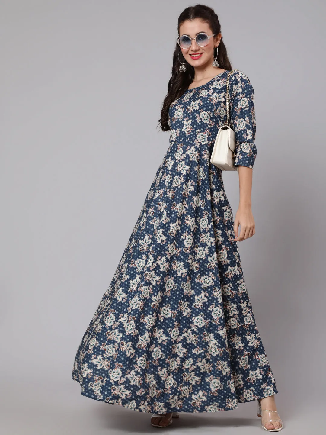 Women Blue Floral Printed Flared Dress