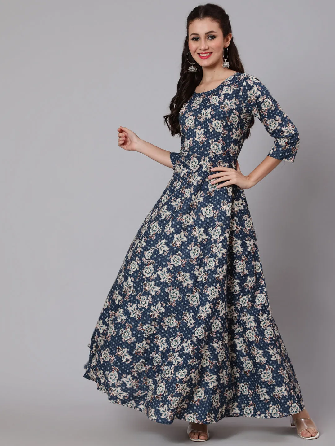 Women Blue Floral Printed Flared Dress