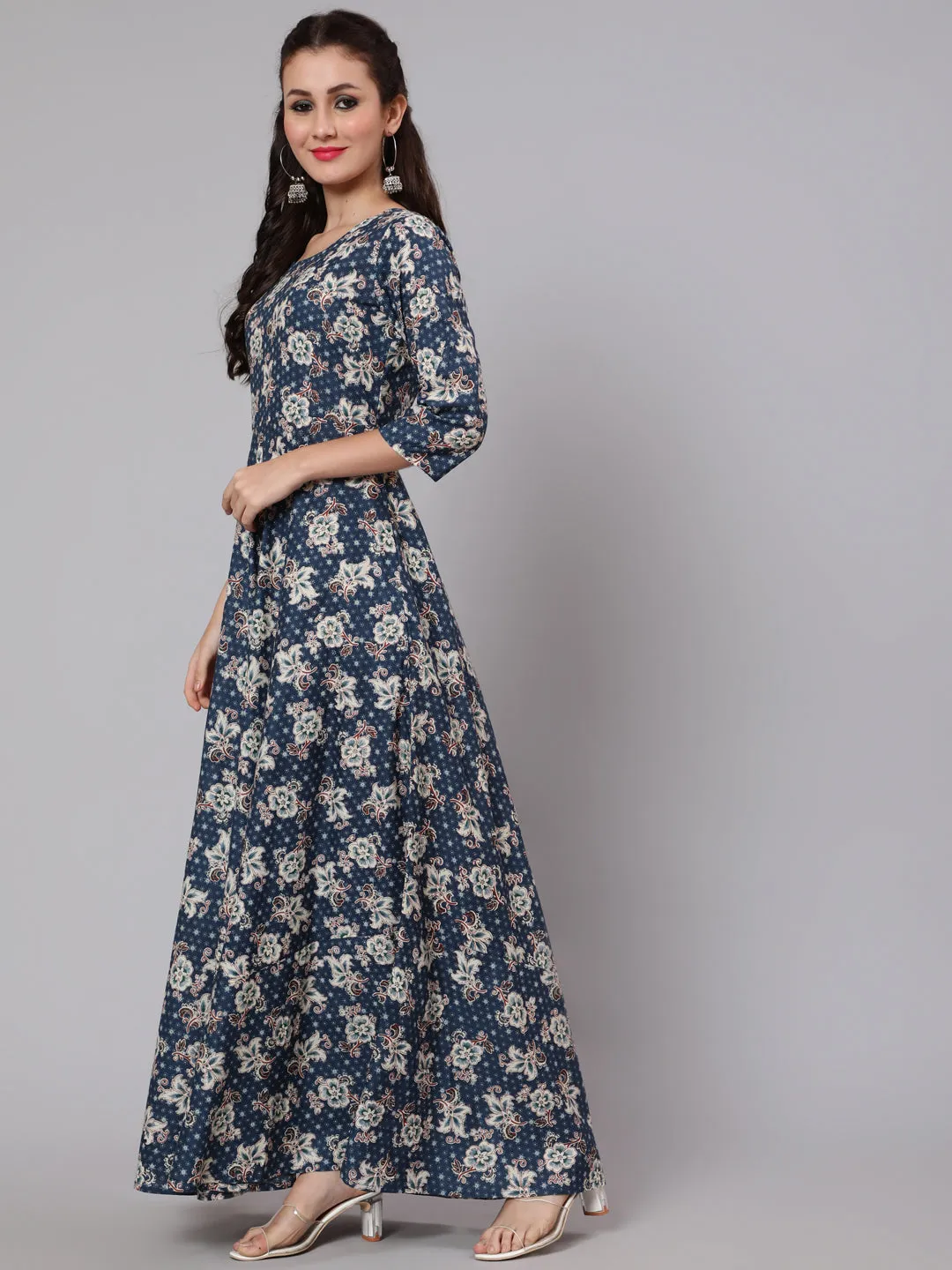 Women Blue Floral Printed Flared Dress