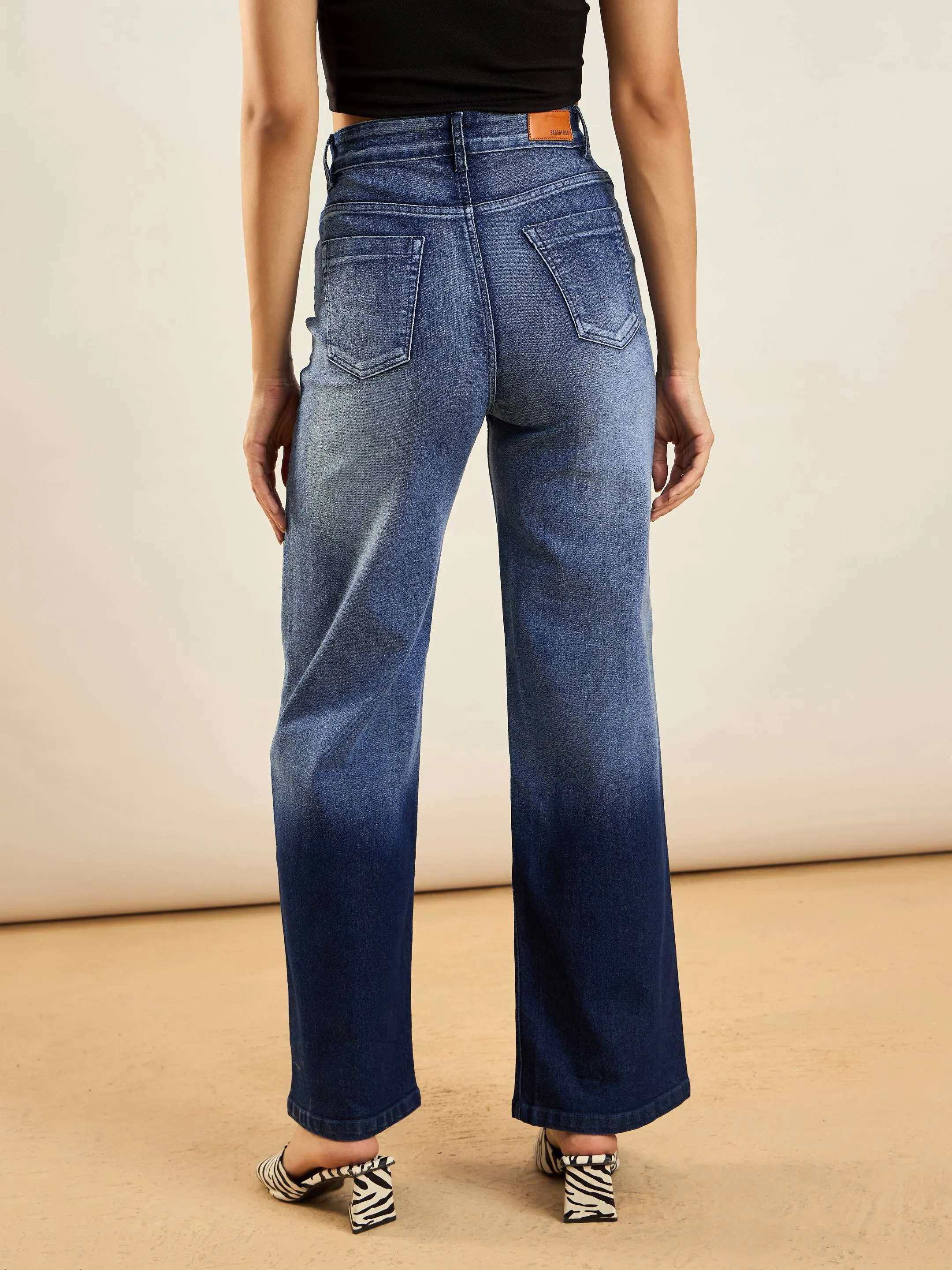 Women Blue Ombre Front Seam Straight Fit Jeans