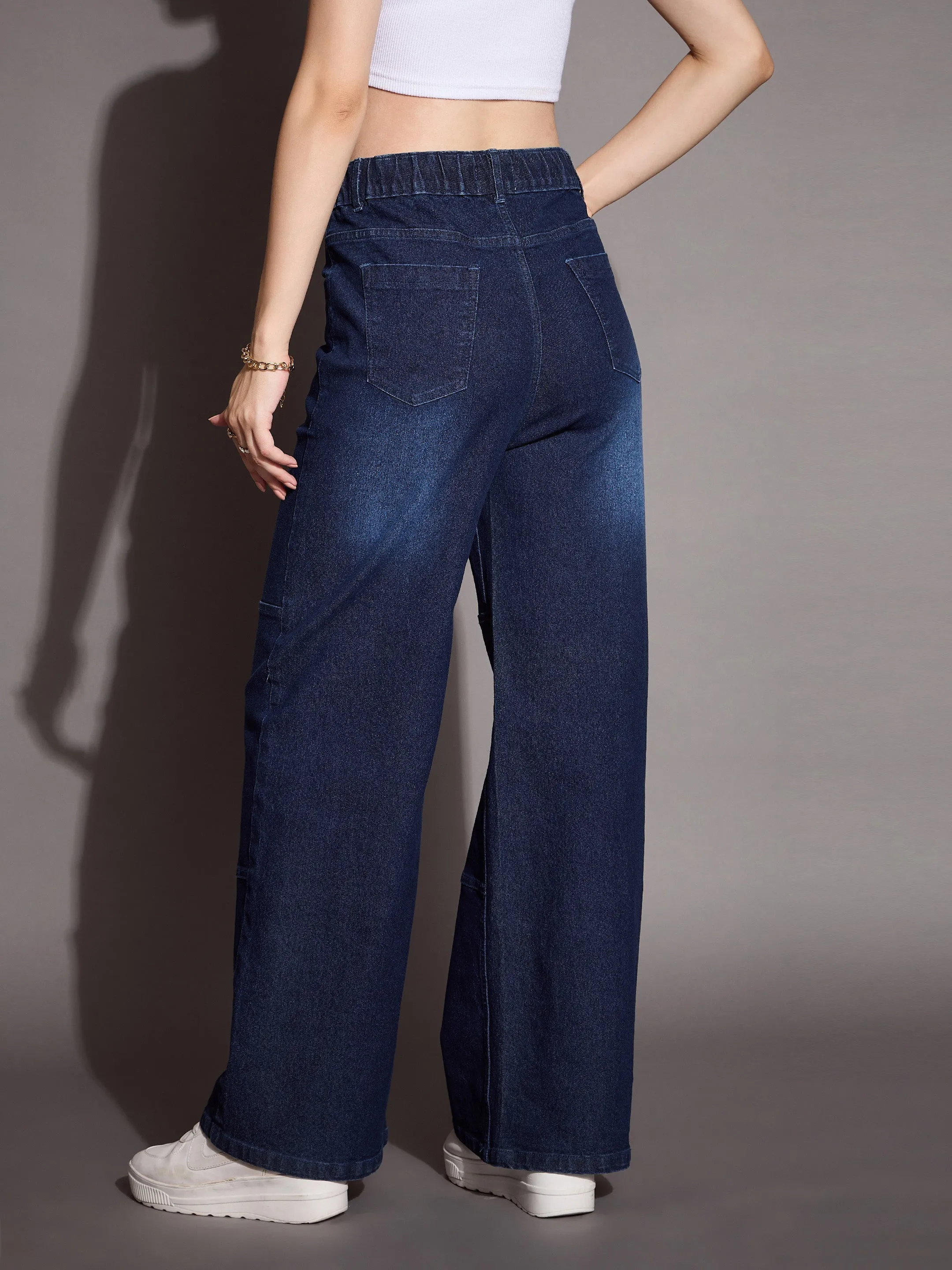 Women Blue Straight Fit Drawstring Jeans