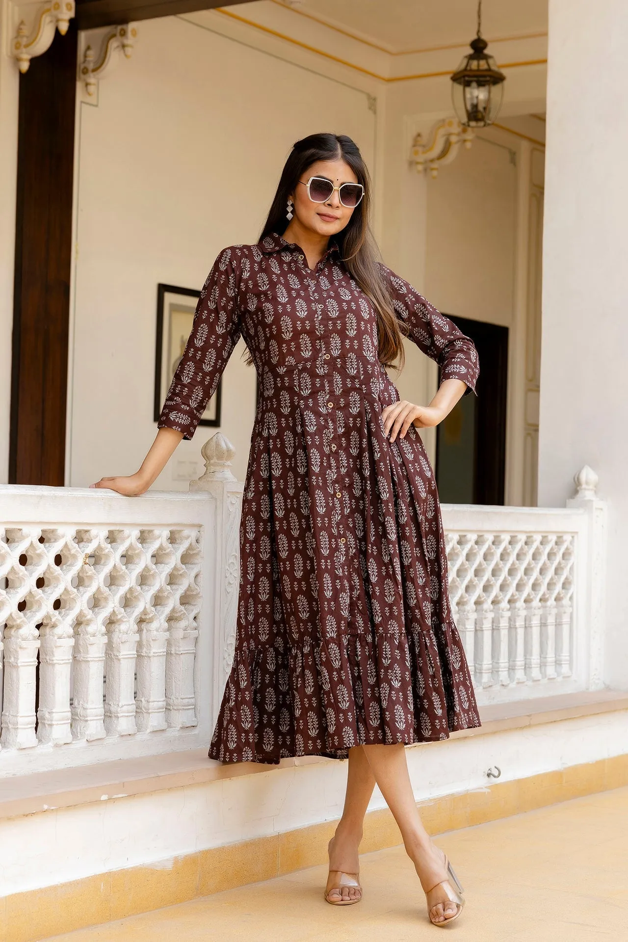 Women Brown Ethnic Printed Flared Dress