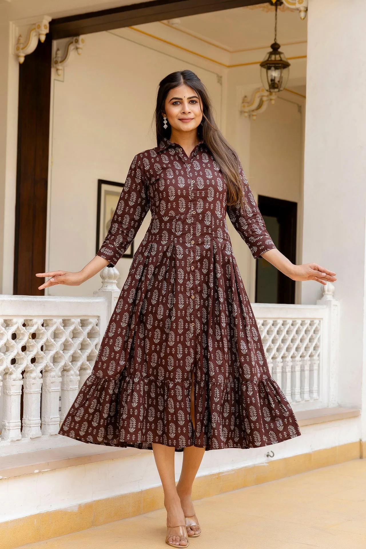 Women Brown Ethnic Printed Flared Dress