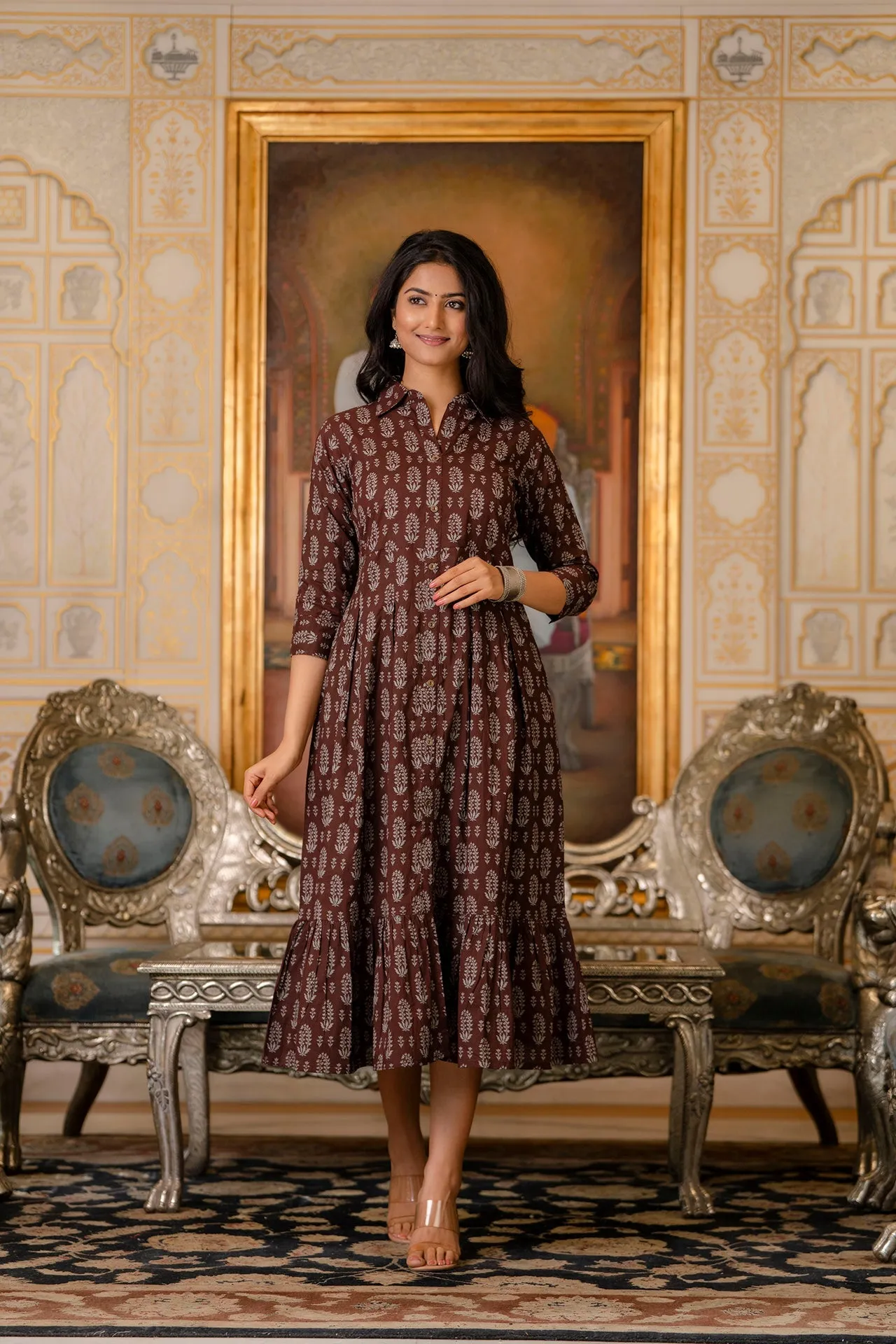 Women Brown Ethnic Printed Flared Dress