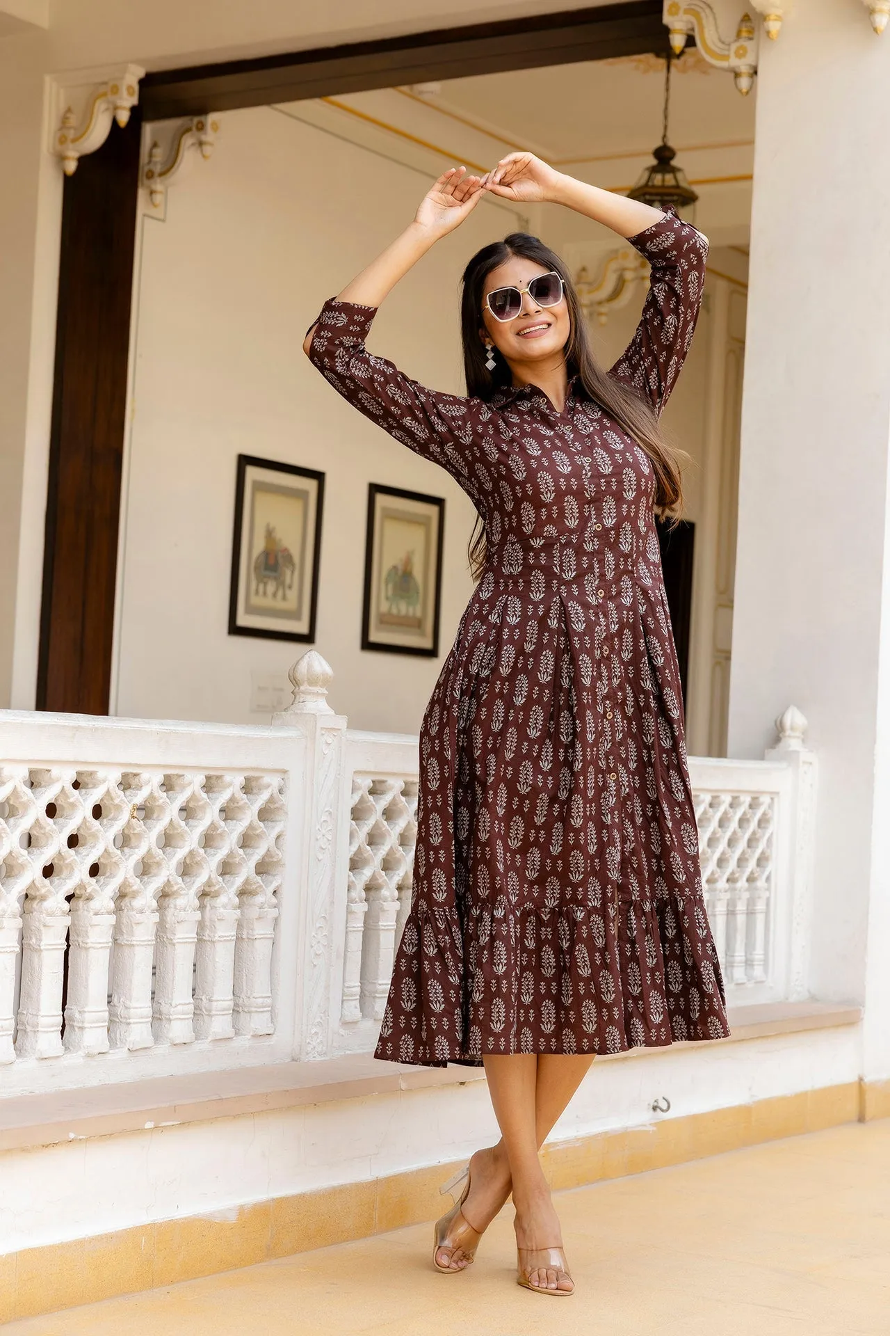 Women Brown Ethnic Printed Flared Dress