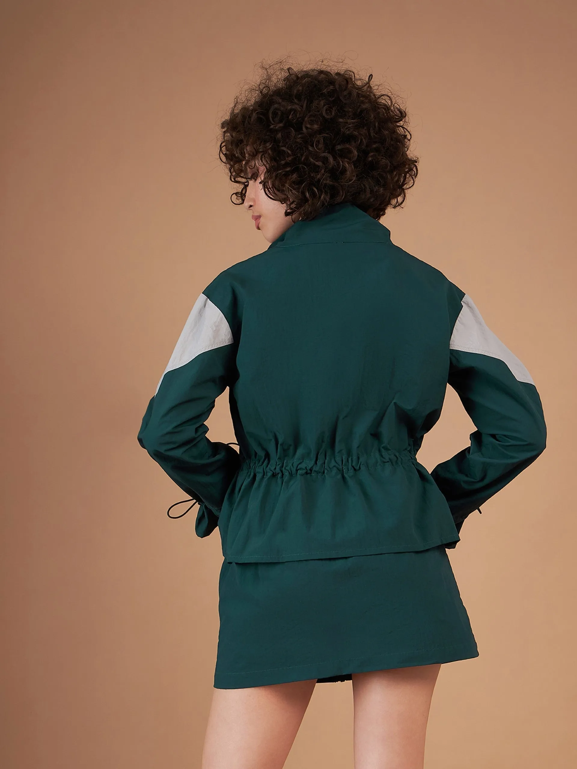 Women Green Colour Block Parachute Varsity Jacket