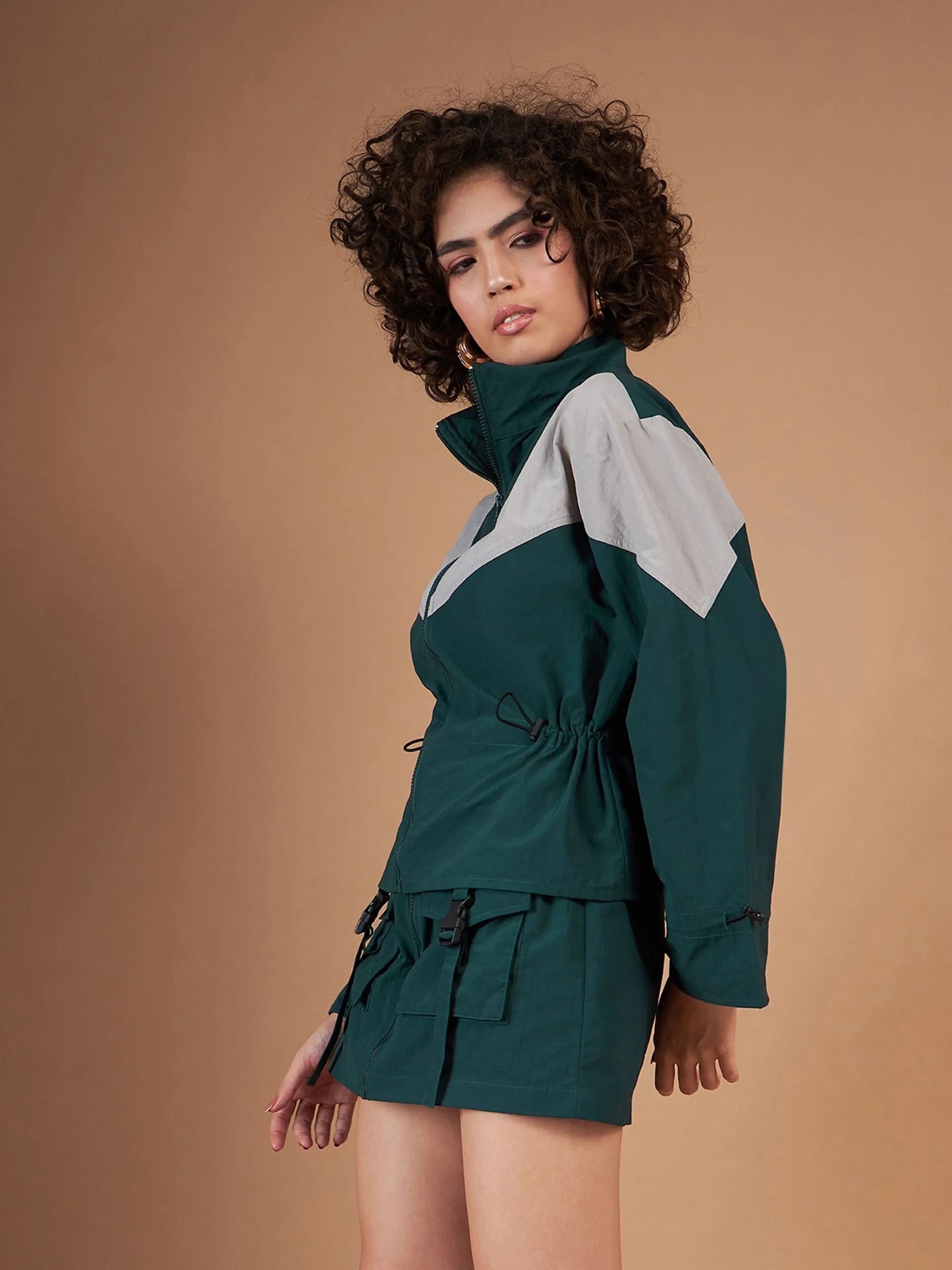 Women Green Colour Block Parachute Varsity Jacket