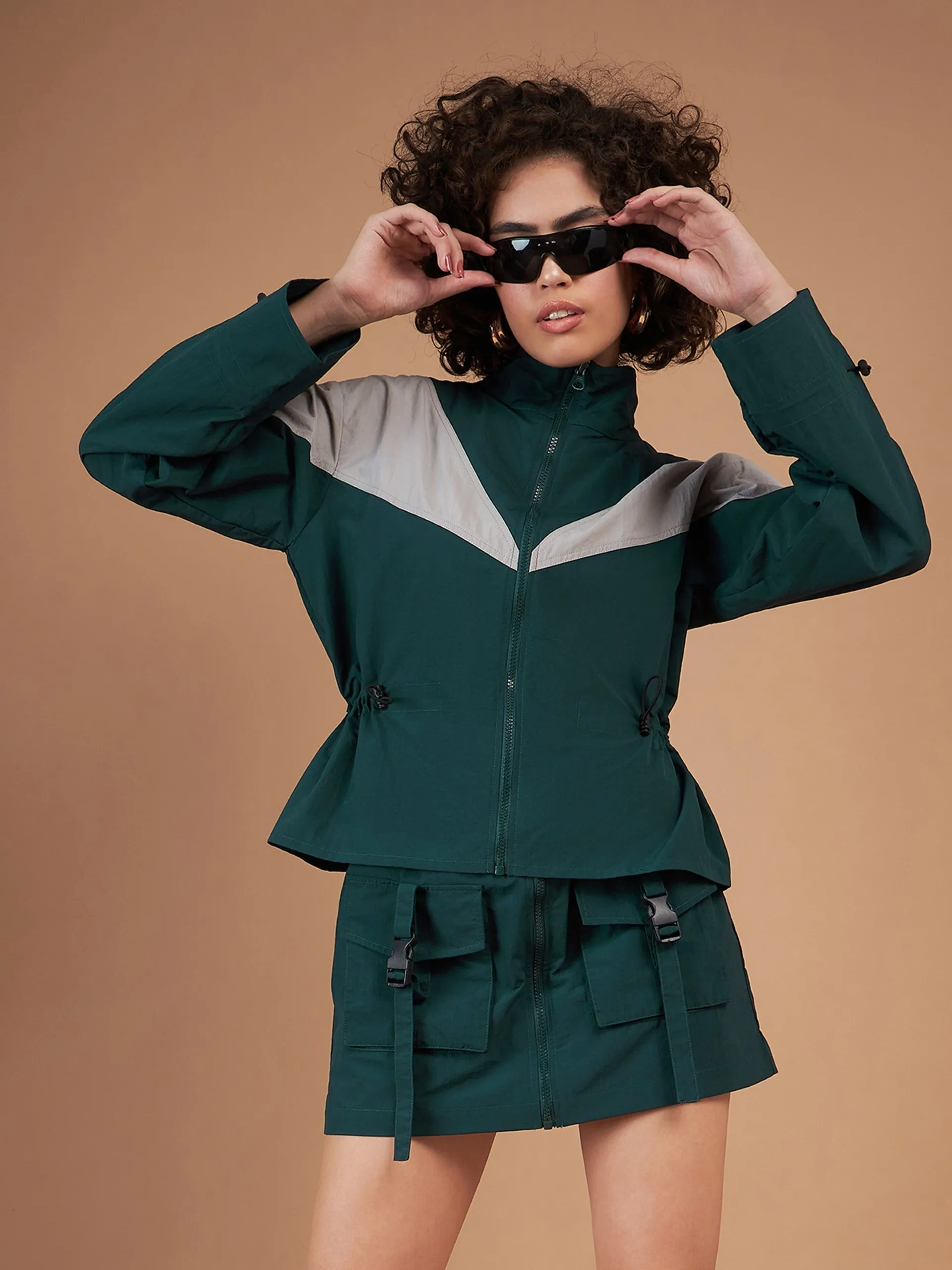 Women Green Colour Block Parachute Varsity Jacket