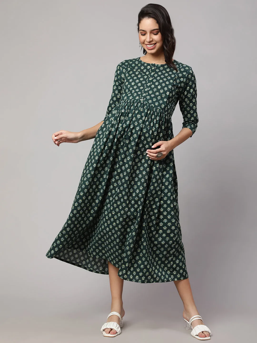 Women Green Ethnic Printed Maternity Dress