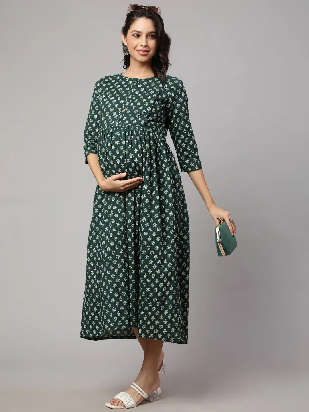 Women Green Ethnic Printed Maternity Dress