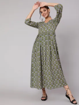 Women Grey Abstrac Printed Gathered Dress With Three Quarter Sleeves