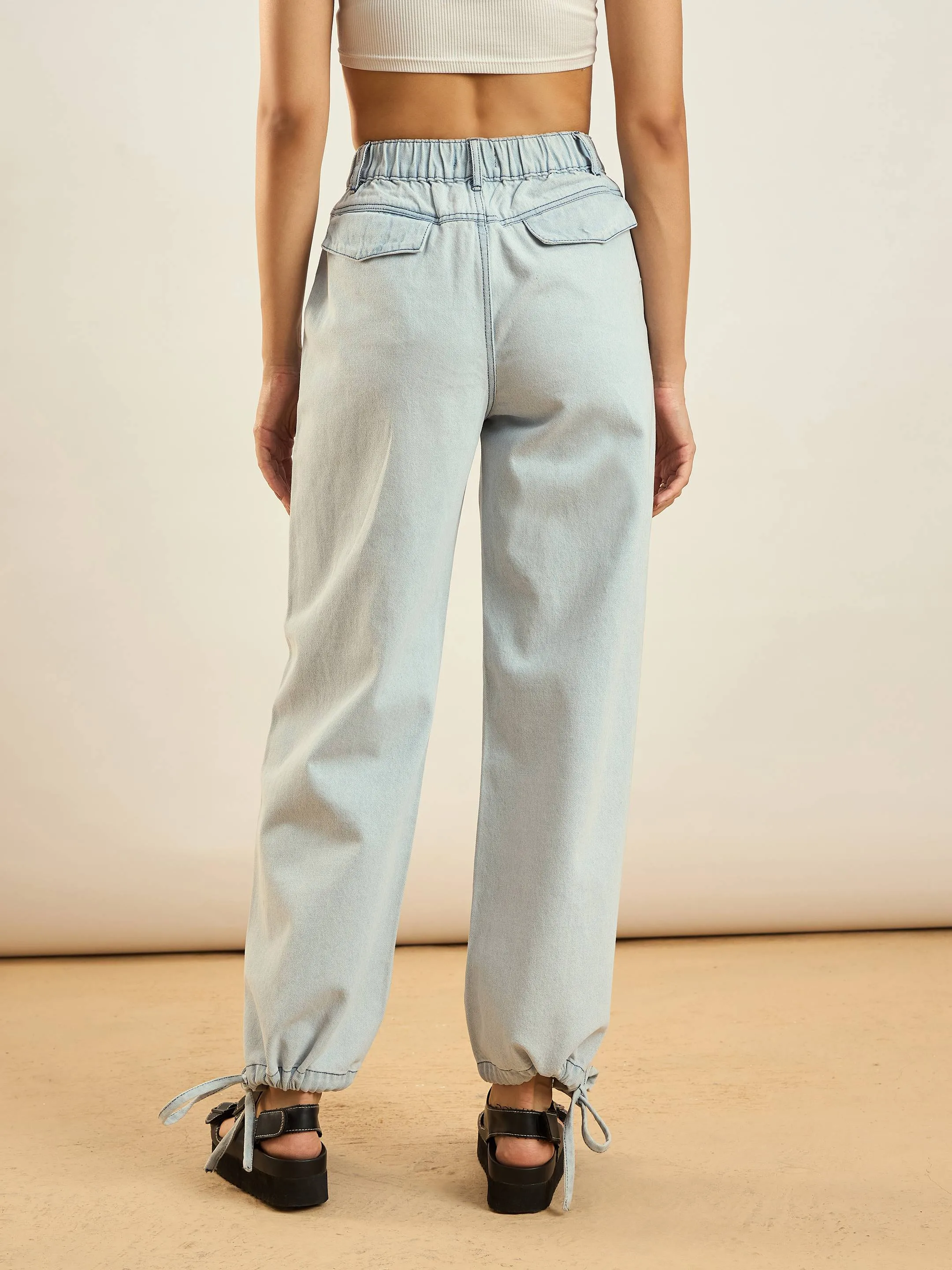 Women Ice Blue Hem Drawstring Detail Jogger Jeans