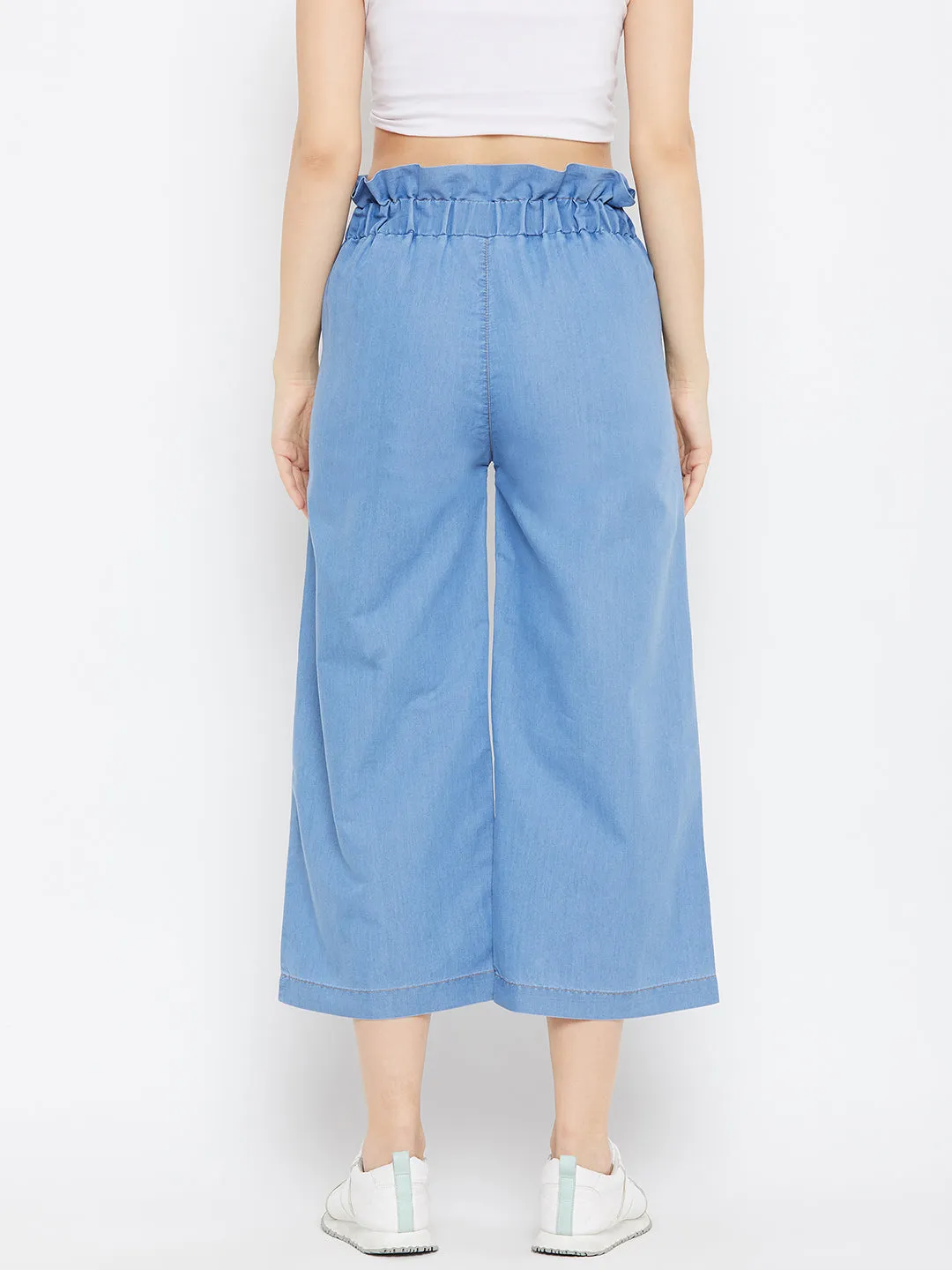 Women Light Blue Belted Denim Trouser