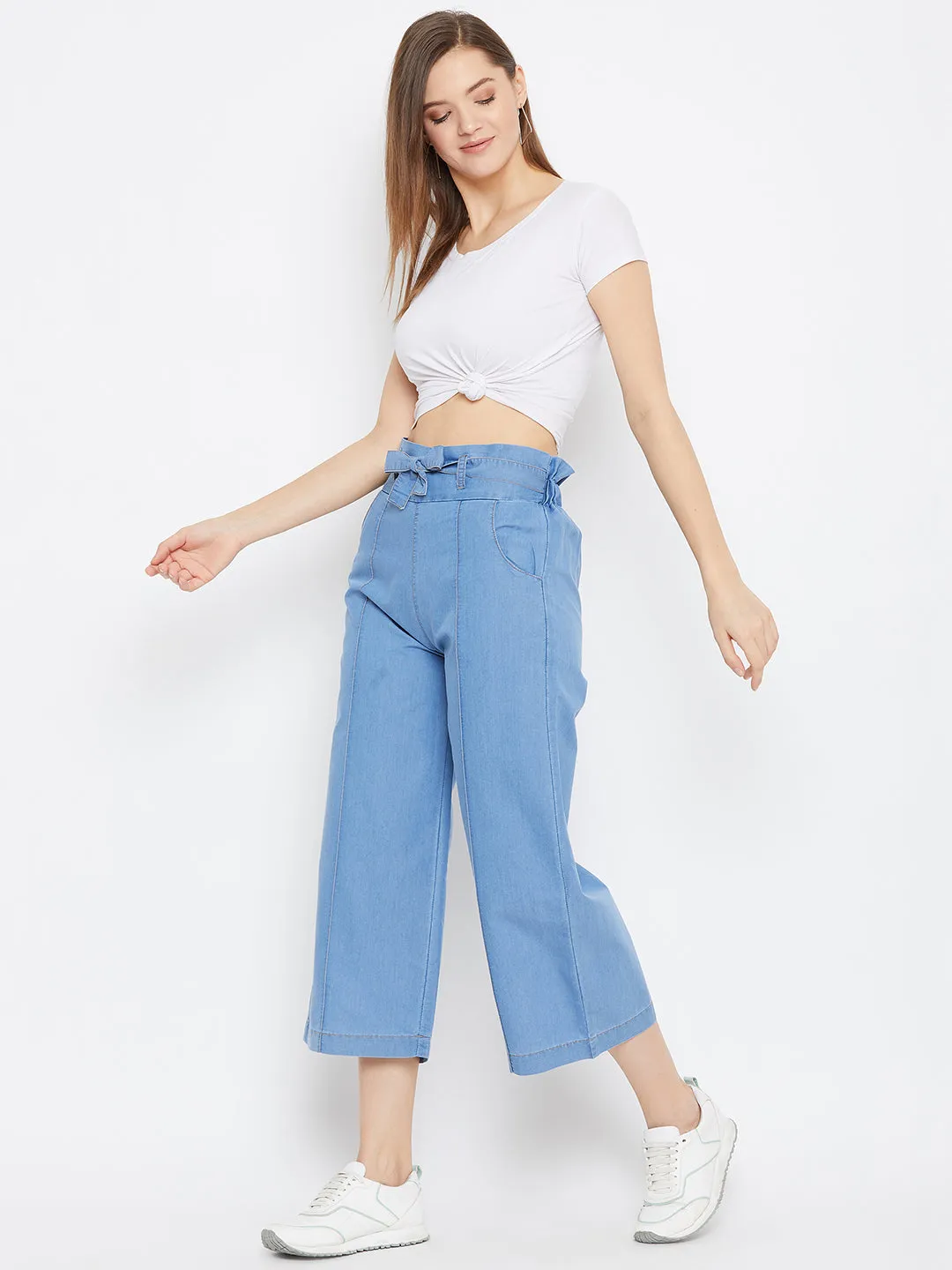 Women Light Blue Belted Denim Trouser