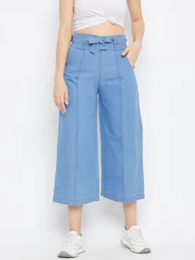 Women Light Blue Belted Denim Trouser