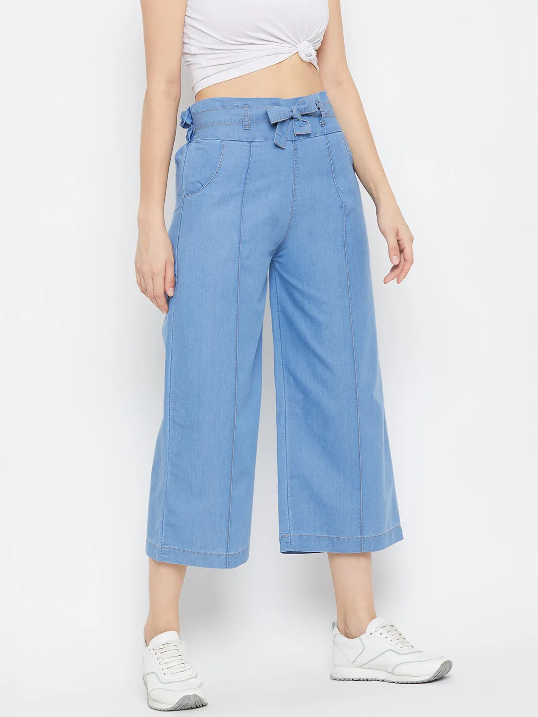 Women Light Blue Belted Denim Trouser