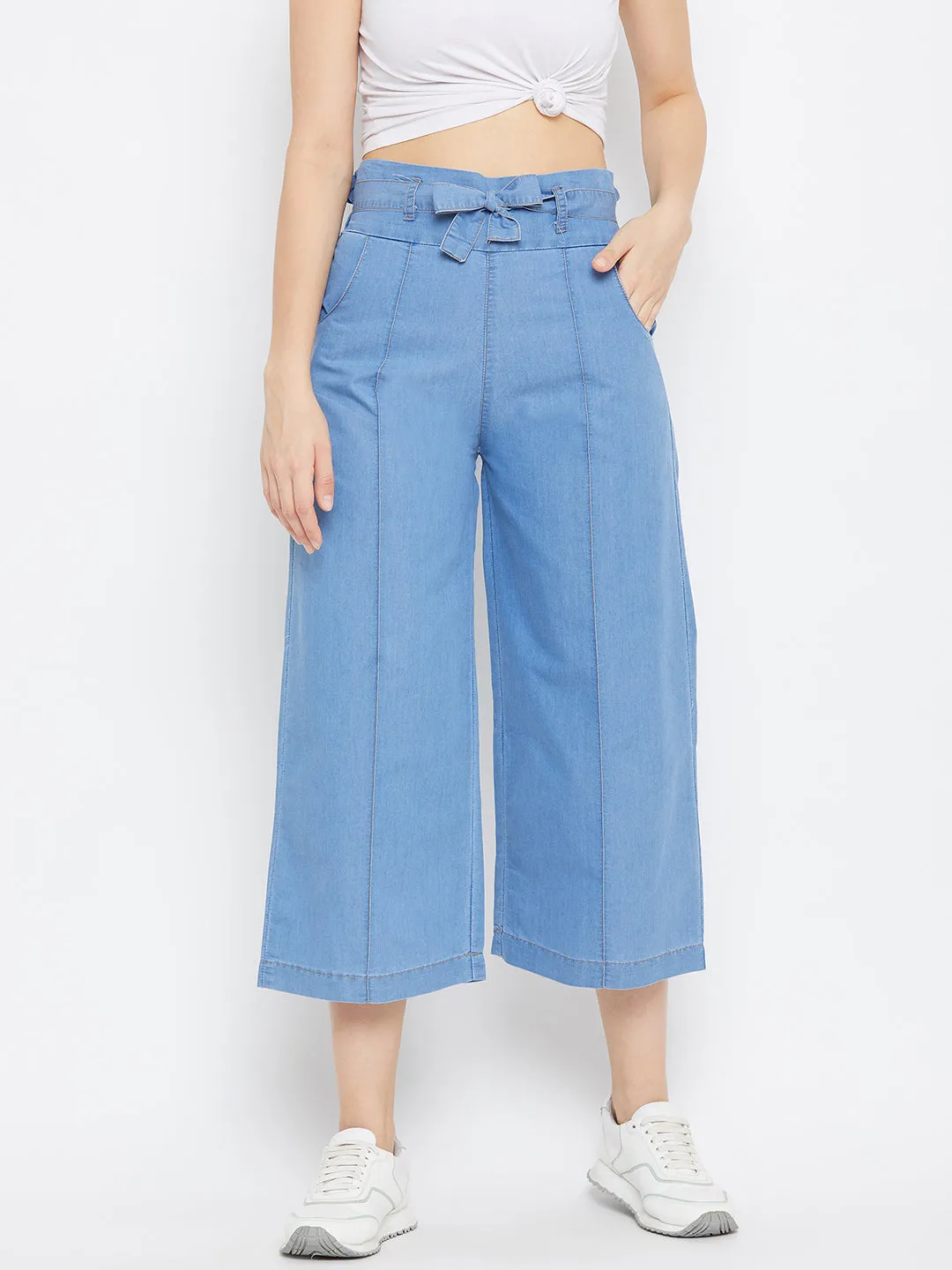 Women Light Blue Belted Denim Trouser