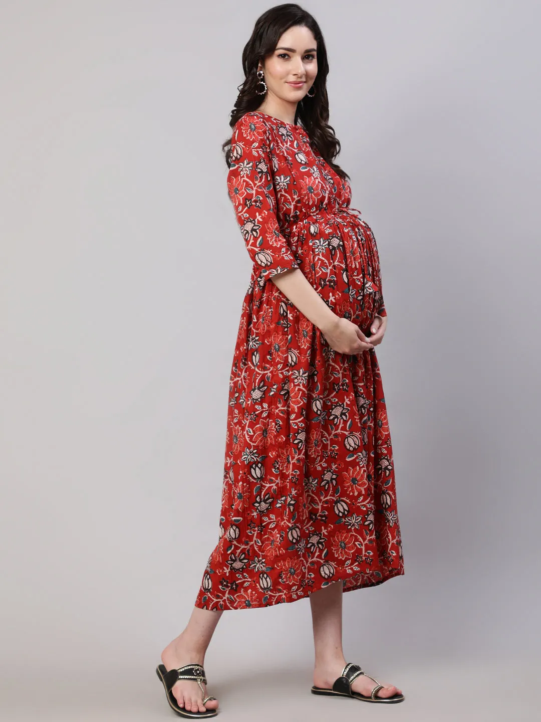 Women Maroon Printed Flared Maternity Dress With Dupatta