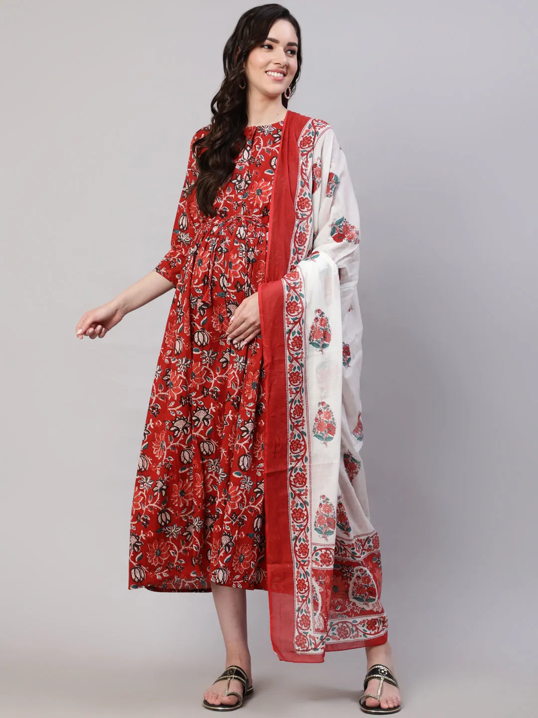 Women Maroon Printed Flared Maternity Dress With Dupatta