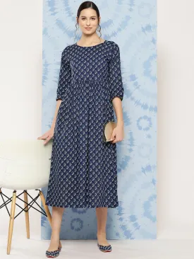 Women Navy Blue Printed Flared Dress With Three Quarter Sleeves