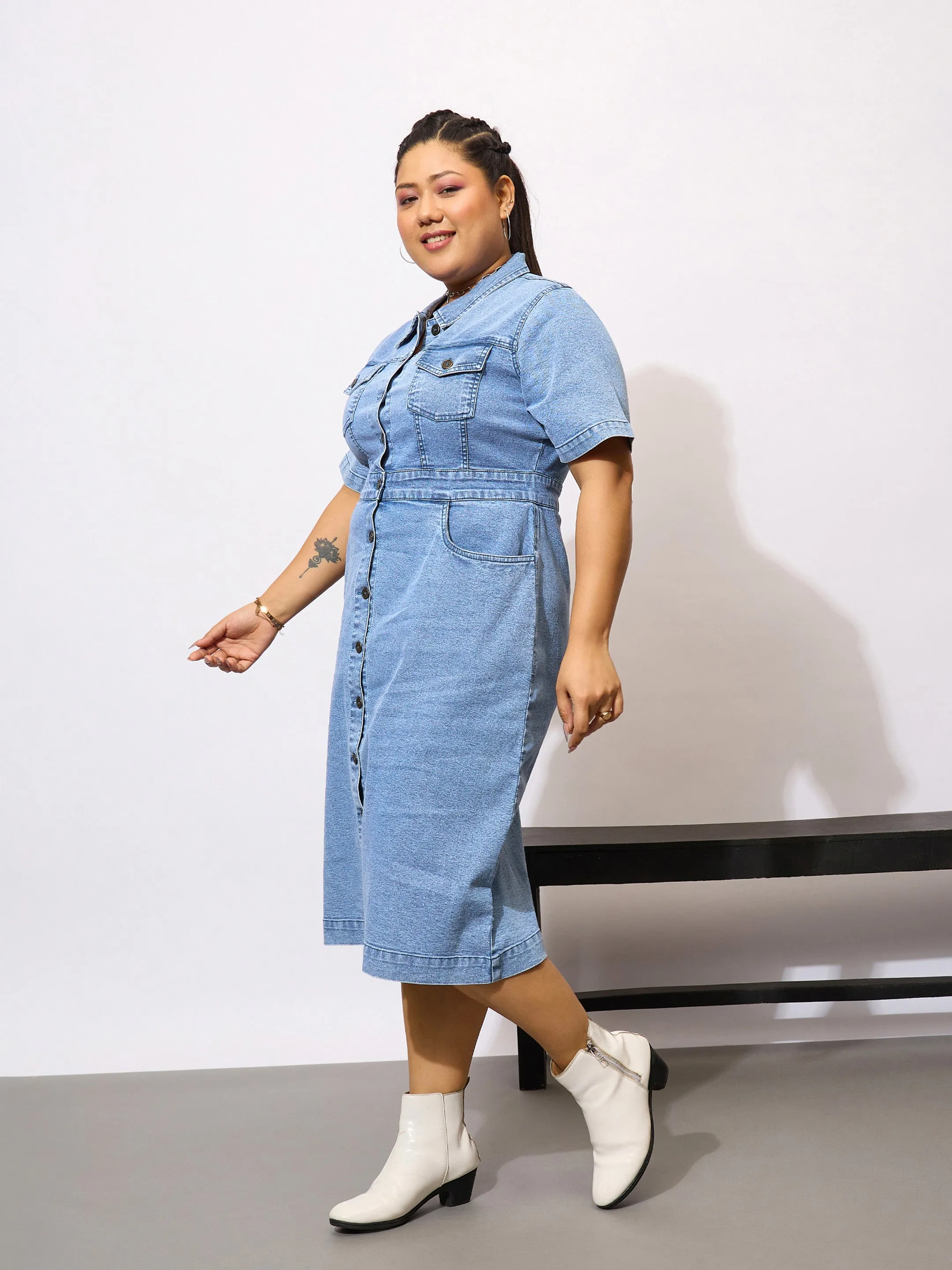 Women Navy Denim Acid Wash Front Button Shirt Dress