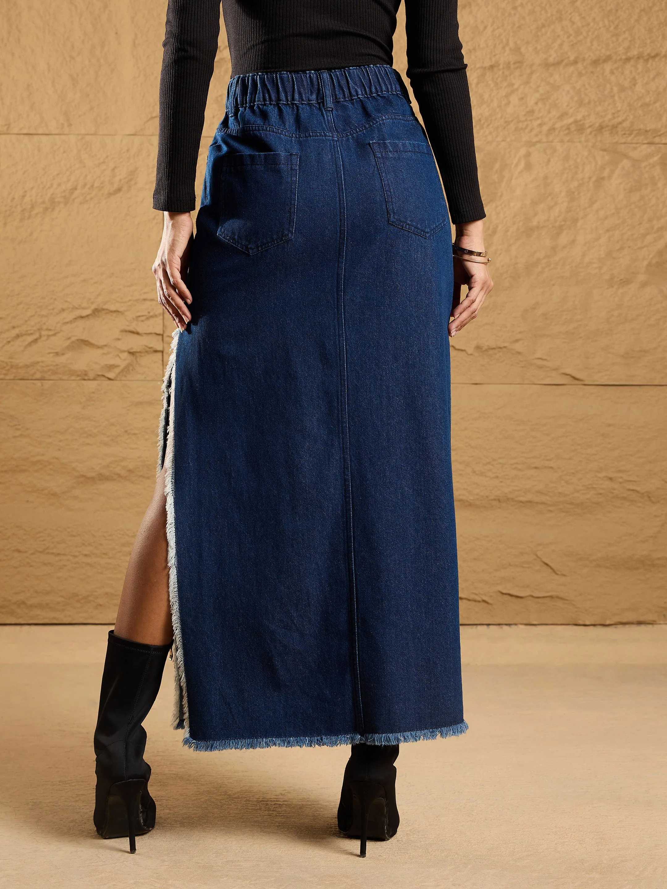 Women Navy Distressed Side Slit Maxi Skirt