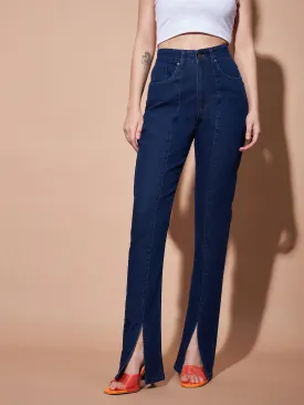 Women Navy Mid Rise Skinny Fit Slit Jeans