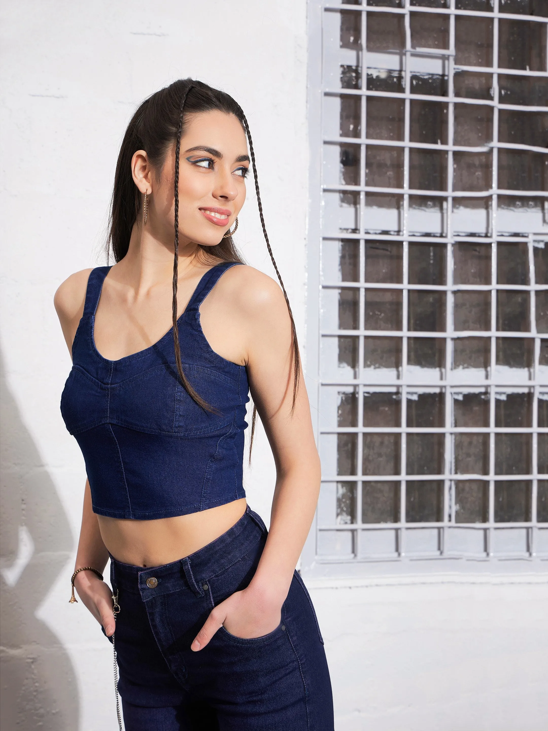 Women Navy Strappy Bustier Crop Top