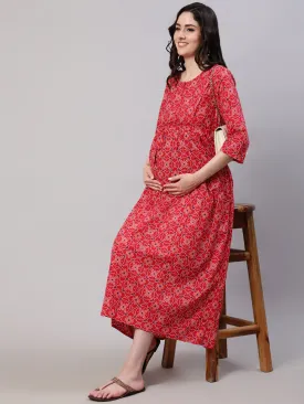 Women Red Printed Flared Maternity Dress