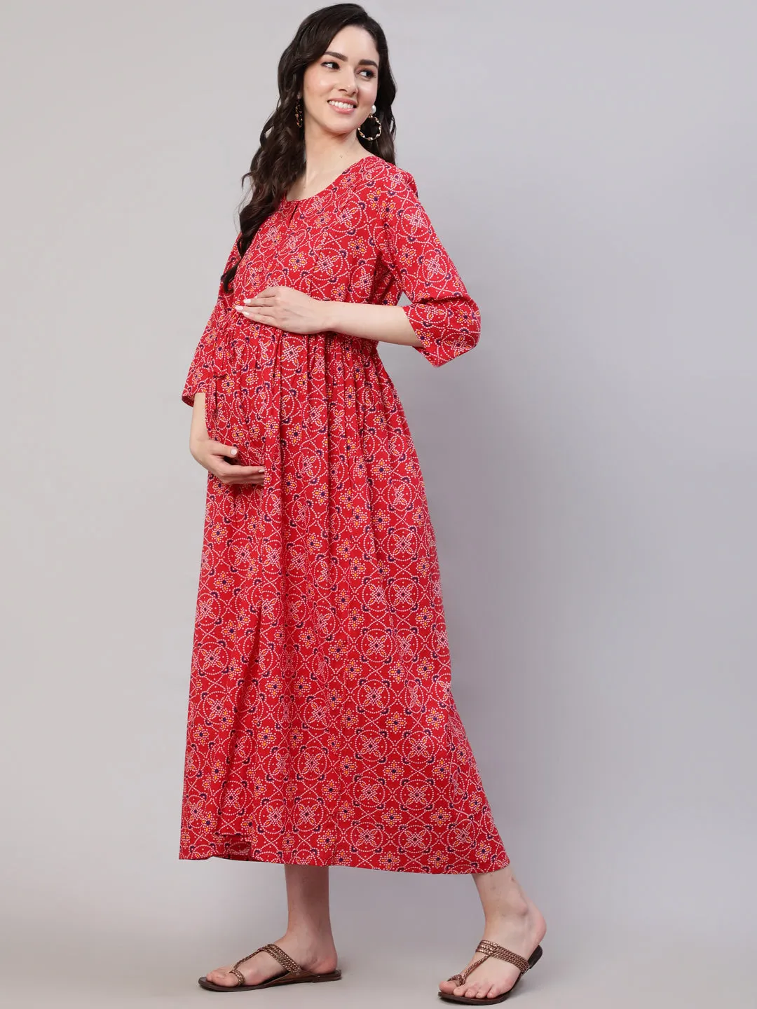 Women Red Printed Flared Maternity Dress