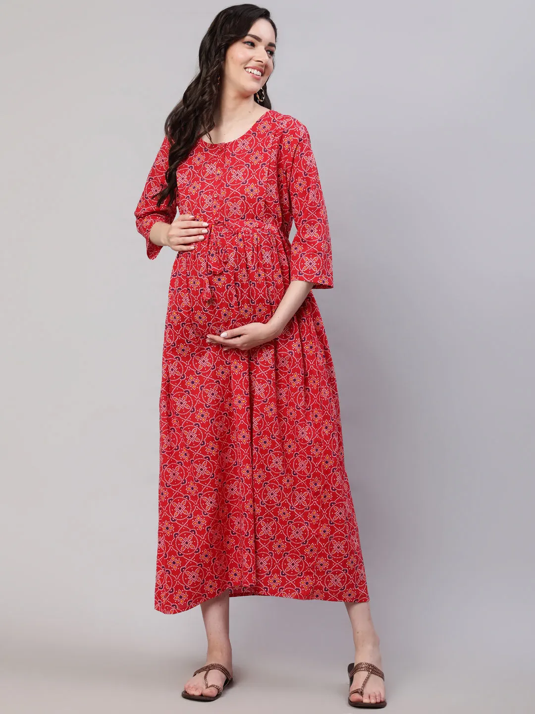 Women Red Printed Flared Maternity Dress