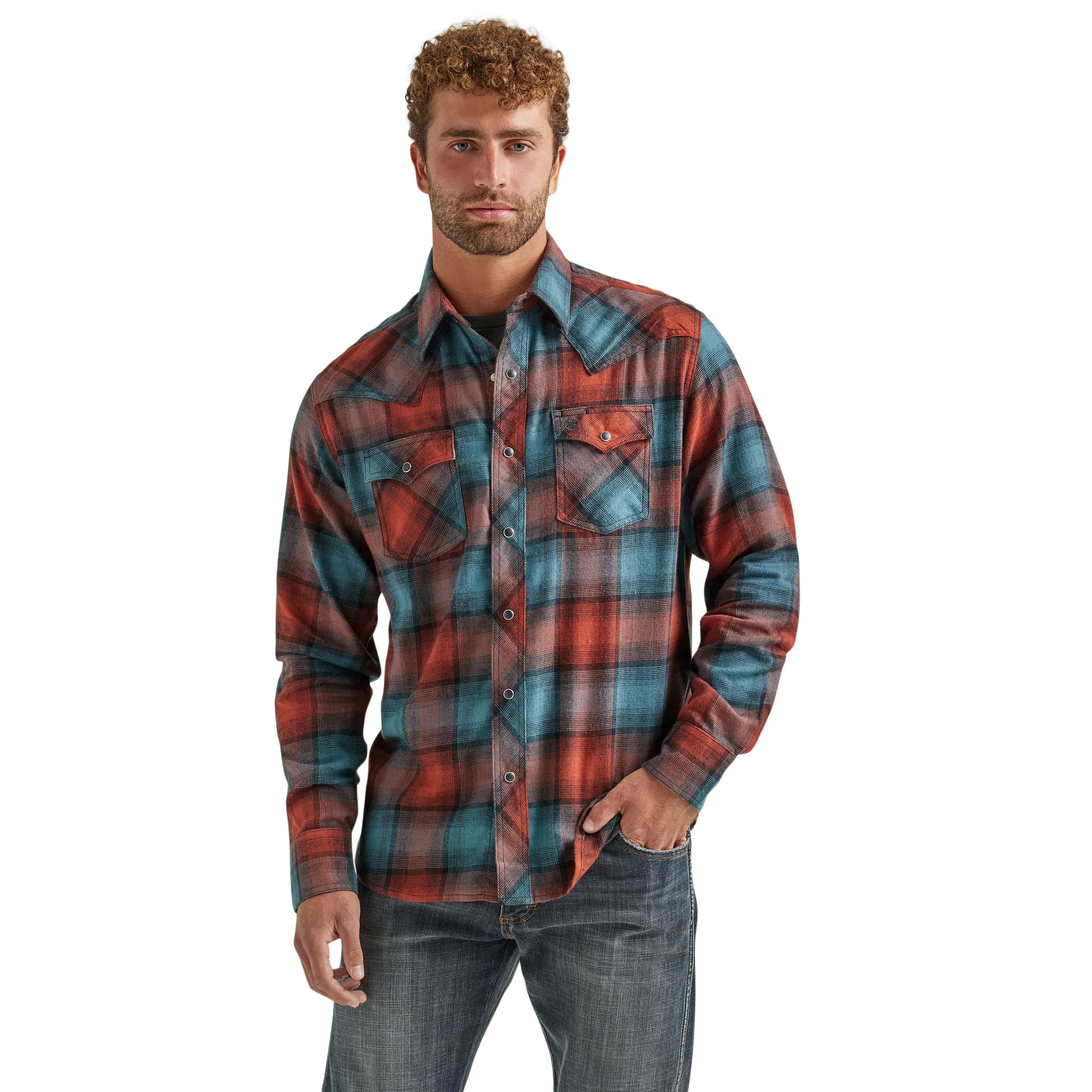 Wrangler Retro Red/Teal Plaid Flannel Snap Western Shirt for Men